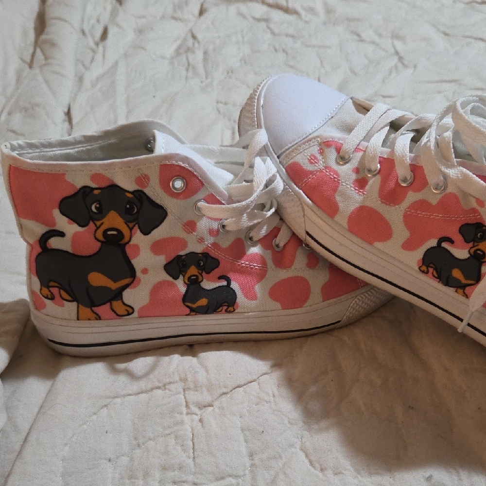 Womens Pink and White Dog Print Sneakers